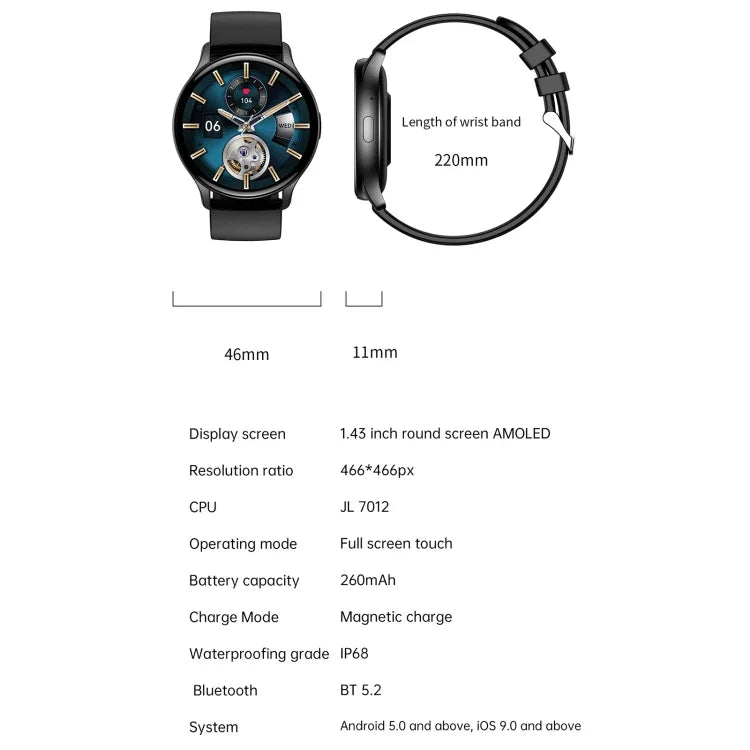 Montre connectée sport HK89 1,43 pouce BT5.0 IP67, compatible avec les notifications d'appels et de messages Bluetooth, et moniteur de fréquence cardiaque et de pression artérielle.