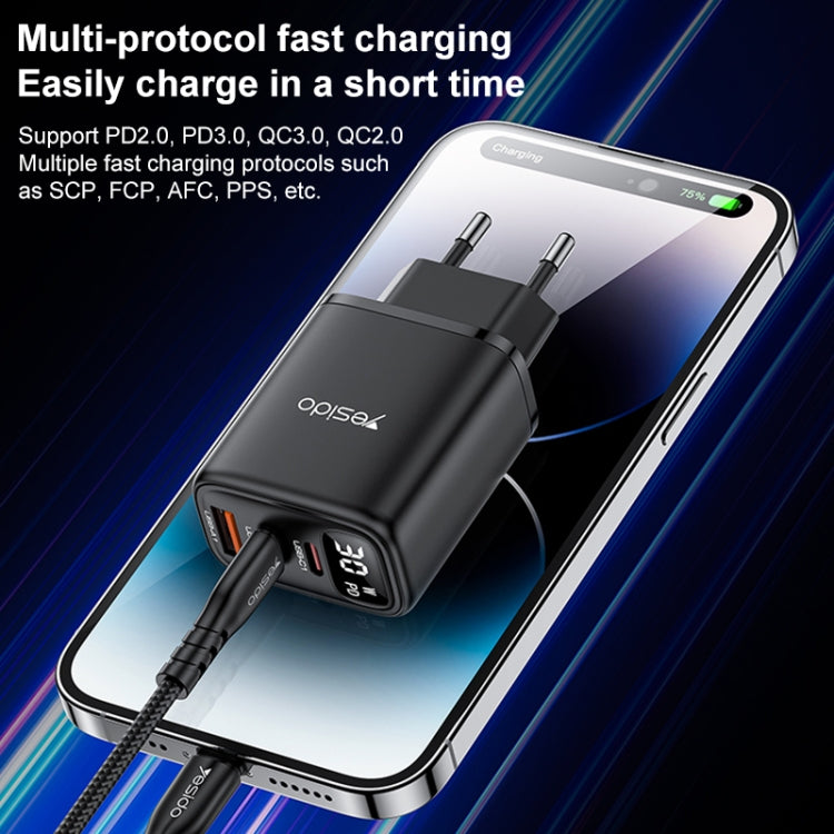 Chargeur Yesido YC69 30W USB + Double USB-C / Type-C avec Affichage Numérique, Spécification : Prise EU, YC69