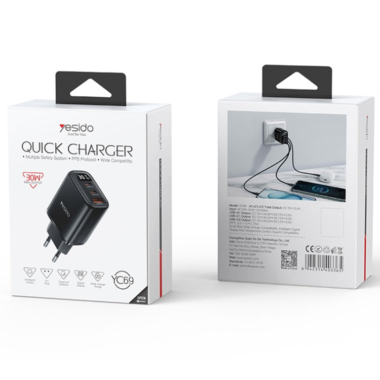 Chargeur Yesido YC69 30W USB + Double USB-C / Type-C avec Affichage Numérique, Spécification : Prise EU, YC69