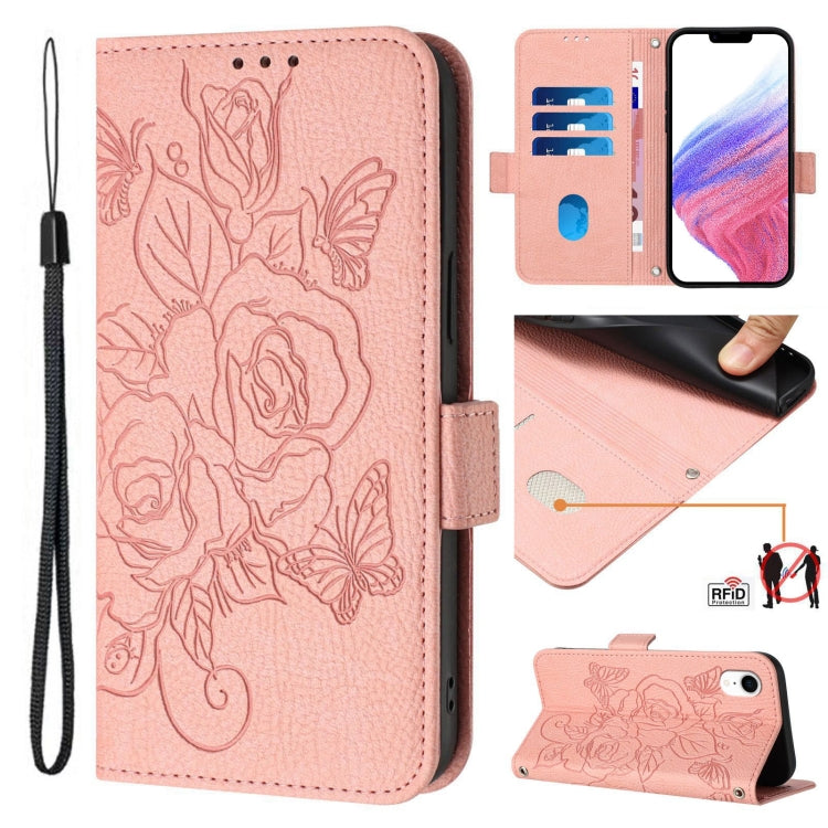 Étui de téléphone en cuir anti-vol RFID motif rose en relief, Pour iPhone 11 Pro Max, Pour iPhone 11, Pour iPhone 11 Pro, Pour iPhone XS / X, Pour iPhone XR, Pour iPhone XS Max, Pour iPhone 8 Plus / 7 Plus