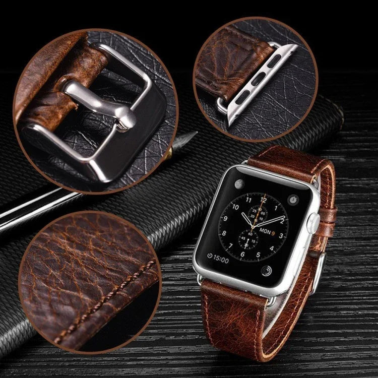 Bracelet de remplacement en cuir véritable à texture Crazy Horse queue ronde, pour Apple Watch 5 et 4 44 mm / 3 et 2 et 1 42 mm, pour Apple Watch Series 7 41 mm / 6 et SE et 5 et 4 40 mm / 3 et 2 et 1 38 mm