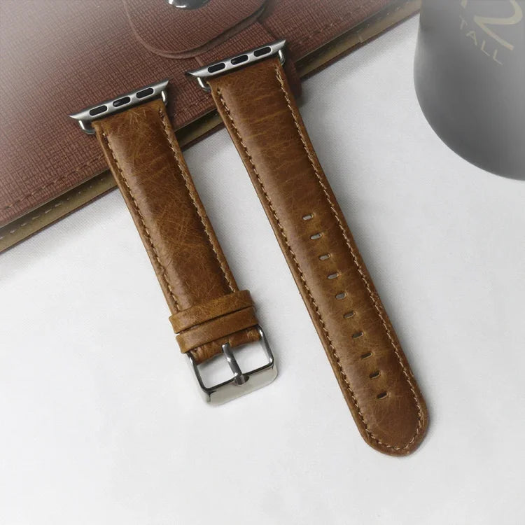 Bracelet de remplacement en cuir véritable à texture Crazy Horse queue ronde, pour Apple Watch 5 et 4 44 mm / 3 et 2 et 1 42 mm, pour Apple Watch Series 7 41 mm / 6 et SE et 5 et 4 40 mm / 3 et 2 et 1 38 mm