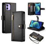 Étui de téléphone en cuir avec fermeture éclair et neuf fentes pour cartes, pour iPhone 14 Pro Max, pour iPhone 13 Pro Max, pour iPhone 13 Pro, pour iPhone 13, pour iPhone 13 mini, pour iPhone 12 / 12 Pro, pour iPhone 12 Pro Max, pour iPhone 12 mini