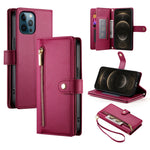 Étui de téléphone en cuir avec fermeture éclair et neuf fentes pour cartes, pour iPhone 14 Pro Max, pour iPhone 13 Pro Max, pour iPhone 13 Pro, pour iPhone 13, pour iPhone 13 mini, pour iPhone 12 / 12 Pro, pour iPhone 12 Pro Max, pour iPhone 12 mini