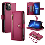 Étui de téléphone en cuir avec fermeture éclair et neuf fentes pour cartes, pour iPhone 14 Pro Max, pour iPhone 13 Pro Max, pour iPhone 13 Pro, pour iPhone 13, pour iPhone 13 mini, pour iPhone 12 / 12 Pro, pour iPhone 12 Pro Max, pour iPhone 12 mini