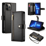 Étui de téléphone en cuir avec fermeture éclair et neuf fentes pour cartes, pour iPhone 14 Pro Max, pour iPhone 13 Pro Max, pour iPhone 13 Pro, pour iPhone 13, pour iPhone 13 mini, pour iPhone 12 / 12 Pro, pour iPhone 12 Pro Max, pour iPhone 12 mini