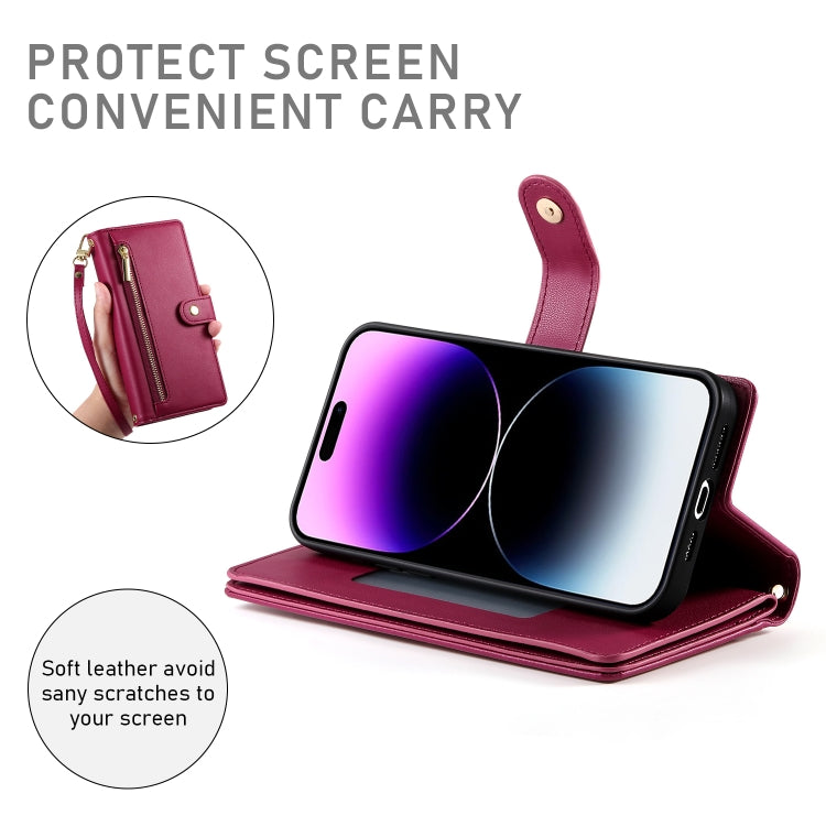 Étui de téléphone en cuir avec fermeture éclair et neuf fentes pour cartes, pour iPhone 14 Pro Max, pour iPhone 13 Pro Max, pour iPhone 13 Pro, pour iPhone 13, pour iPhone 13 mini, pour iPhone 12 / 12 Pro, pour iPhone 12 Pro Max, pour iPhone 12 mini