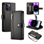 Étui de téléphone en cuir avec fermeture éclair et neuf fentes pour cartes, pour iPhone 14 Pro Max, pour iPhone 13 Pro Max, pour iPhone 13 Pro, pour iPhone 13, pour iPhone 13 mini, pour iPhone 12 / 12 Pro, pour iPhone 12 Pro Max, pour iPhone 12 mini