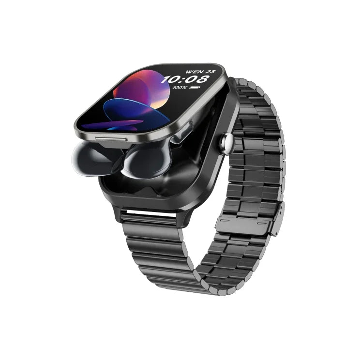 Montre connectée D8 Pro 2.01 pouces avec écouteurs Bluetooth 2 en 1, bracelet en acier, compatible NFC et étui.