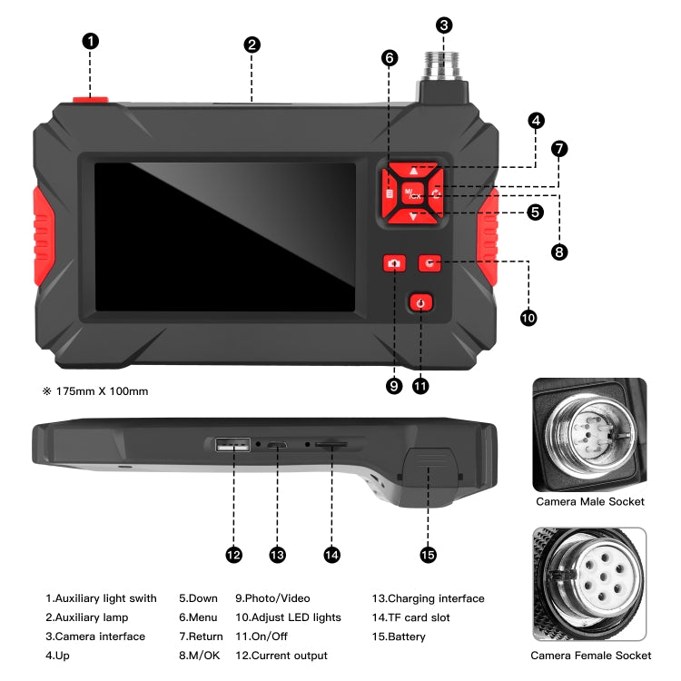 Endoscope numérique double caméra P30 8mm 1080P IP68 étanche avec écran 4,3 pouces, câble rigide 2m, câble rigide 5m, câble rigide 10m