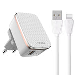 Chargeur rapide USB LDNIO A1204Q QC3.0 18W avec câble USB vers 8 broches 1m, prise EU, prise UK, prise US