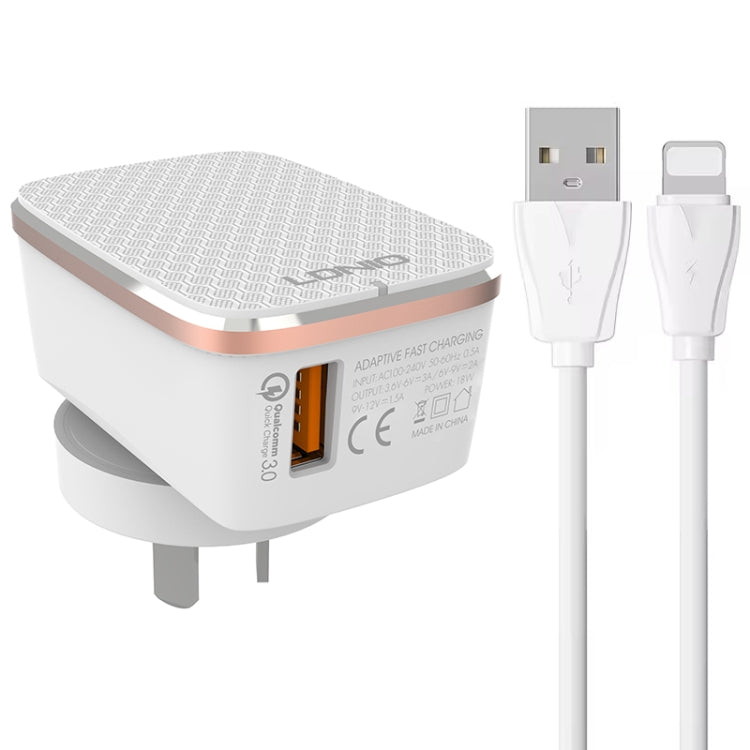 Chargeur rapide USB LDNIO A1204Q QC3.0 18W avec câble USB vers 8 broches 1m, prise EU, prise UK, prise US