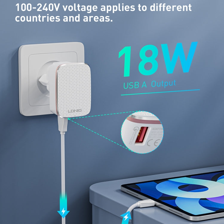 Chargeur rapide USB LDNIO A1204Q QC3.0 18W avec câble USB vers 8 broches 1m, prise EU, prise UK, prise US