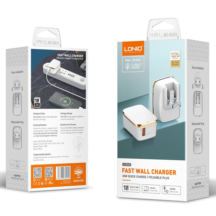 Chargeur rapide USB LDNIO A1204Q QC3.0 18W avec câble USB vers 8 broches 1m, prise EU, prise UK, prise US