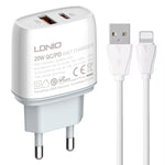 Chargeur rapide USB + Type-C LDNIO Q229 QC3.0 / PD20W avec câble USB vers 8 broches 1m, prise EU, prise UK, prise US