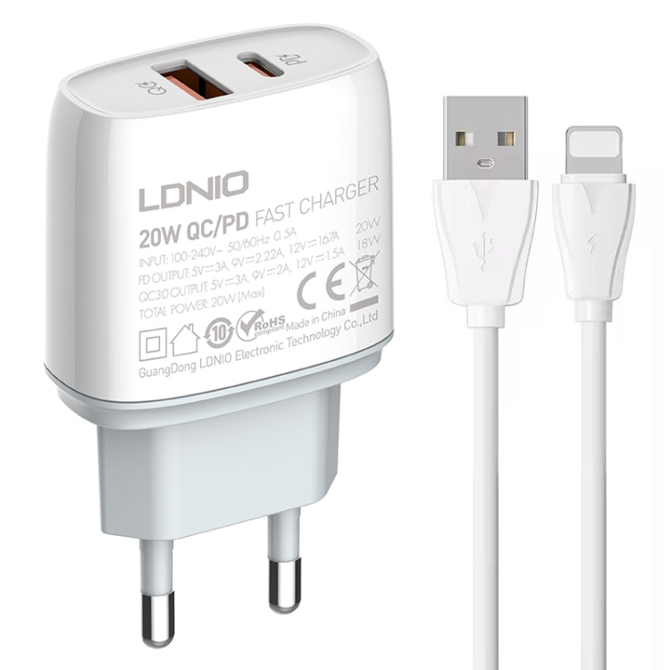Chargeur rapide USB + Type-C LDNIO Q229 QC3.0 / PD20W avec câble USB vers 8 broches 1m, prise EU, prise UK, prise US