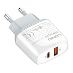 Chargeur rapide USB + Type-C LDNIO Q229 QC3.0 / PD20W avec câble USB vers 8 broches 1m, prise EU, prise UK, prise US