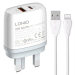 Chargeur rapide USB + Type-C LDNIO Q229 QC3.0 / PD20W avec câble USB vers 8 broches 1m, prise EU, prise UK, prise US