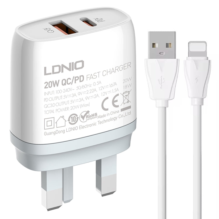 Chargeur rapide USB + Type-C LDNIO Q229 QC3.0 / PD20W avec câble USB vers 8 broches 1m, prise EU, prise UK, prise US