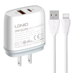 Chargeur rapide USB + Type-C LDNIO Q229 QC3.0 / PD20W avec câble USB vers 8 broches 1m, prise EU, prise UK, prise US