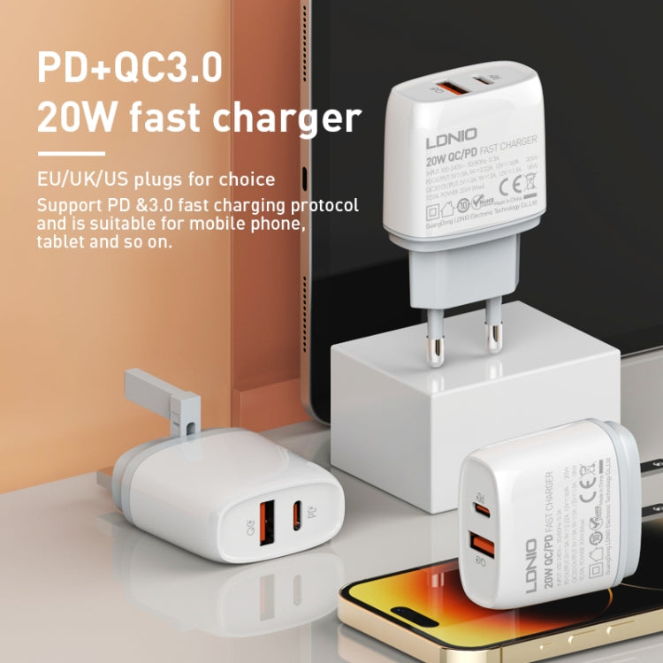 Chargeur rapide USB + Type-C LDNIO Q229 QC3.0 / PD20W avec câble USB vers 8 broches 1m, prise EU, prise UK, prise US