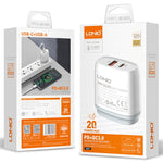 Chargeur rapide USB + Type-C LDNIO Q229 QC3.0 / PD20W avec câble USB vers 8 broches 1m, prise EU, prise UK, prise US