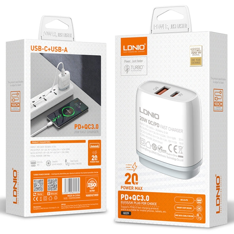 Chargeur rapide USB + Type-C LDNIO Q229 QC3.0 / PD20W avec câble USB vers 8 broches 1m, prise EU, prise UK, prise US