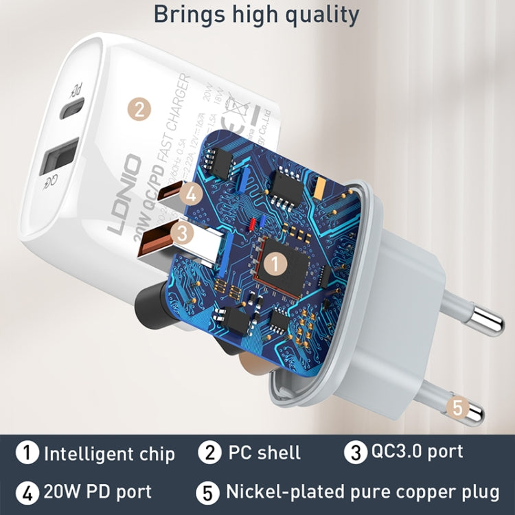 Chargeur rapide USB + Type-C LDNIO Q229 QC3.0 / PD20W avec câble USB vers 8 broches 1m, prise EU, prise UK, prise US