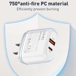 Chargeur rapide USB + Type-C LDNIO Q229 QC3.0 / PD20W avec câble USB vers 8 broches 1m, prise EU, prise UK, prise US