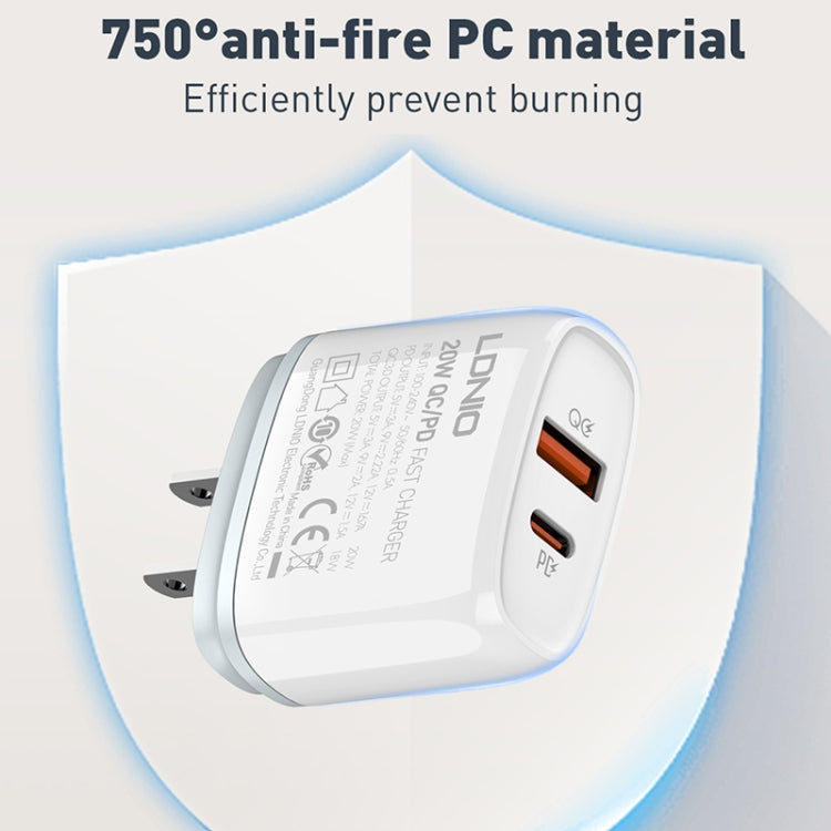 Chargeur rapide USB + Type-C LDNIO Q229 QC3.0 / PD20W avec câble USB vers 8 broches 1m, prise EU, prise UK, prise US