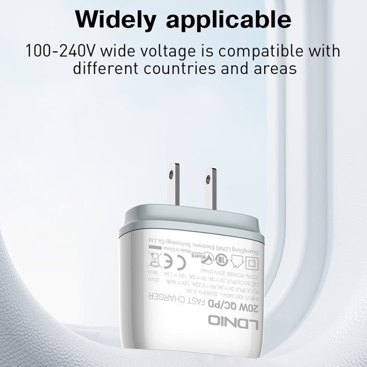 Chargeur rapide USB + Type-C LDNIO Q229 QC3.0 / PD20W avec câble USB vers 8 broches 1m, prise EU, prise UK, prise US