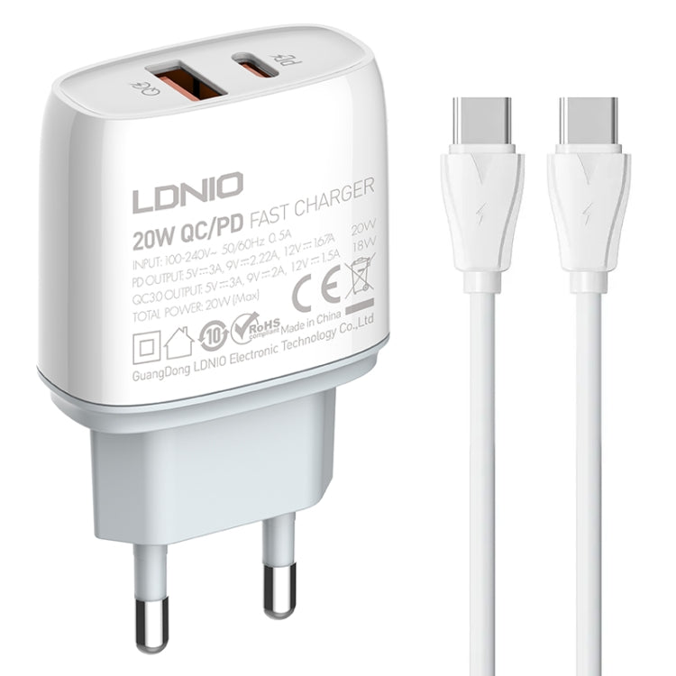 Chargeur rapide LDNIO Q229 QC3.0 / PD20W USB + Type-C avec câble Type-C vers Type-C 1m, prise EU, prise UK, prise US