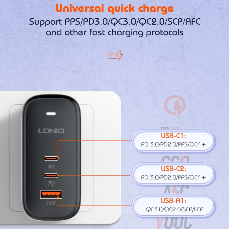 Chargeur port USB + double Type-C LDNIO Q366 65W avec câble de données USB-C / Type-C vers USB-C / Type-C 1m, prise EU, prise UK, prise US
