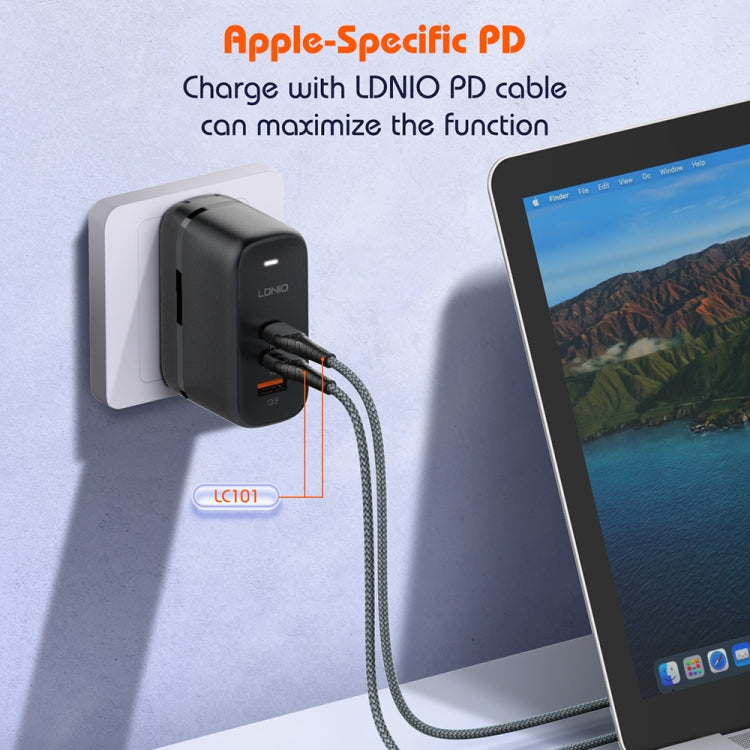 Chargeur port USB + double Type-C LDNIO Q366 65W avec câble de données USB-C / Type-C vers USB-C / Type-C 1m, prise EU, prise UK, prise US