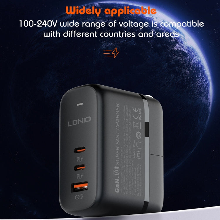Chargeur port USB + double Type-C LDNIO Q366 65W avec câble de données USB-C / Type-C vers USB-C / Type-C 1m, prise EU, prise UK, prise US