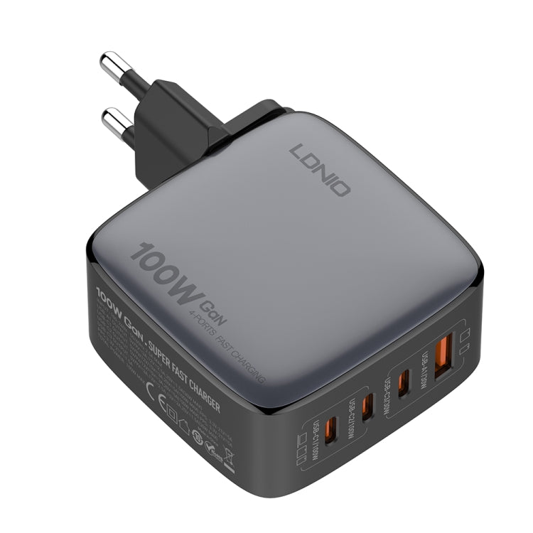 Chargeur LDNIO Q408 100W GaN USB+3 interfaces USB-C / Type-C avec câble de données USB-C / Type-C 100W vers USB-C / Type-C 1m, prise EU, prise UK, prise US