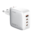 Chargeur LDNIO Q408 100W GaN USB+3 interfaces USB-C / Type-C avec câble de données USB-C / Type-C 100W vers USB-C / Type-C 1m, prise EU, prise UK, prise US