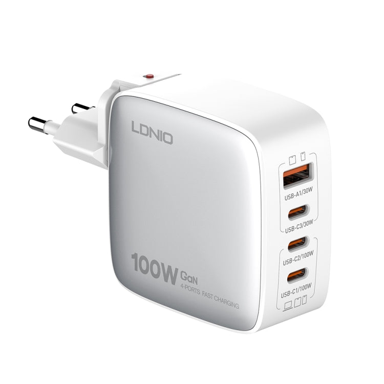 Chargeur LDNIO Q408 100W GaN USB+3 interfaces USB-C / Type-C avec câble de données USB-C / Type-C 100W vers USB-C / Type-C 1m, prise EU, prise UK, prise US