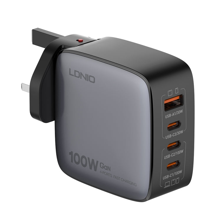 Chargeur LDNIO Q408 100W GaN USB+3 interfaces USB-C / Type-C avec câble de données USB-C / Type-C 100W vers USB-C / Type-C 1m, prise EU, prise UK, prise US