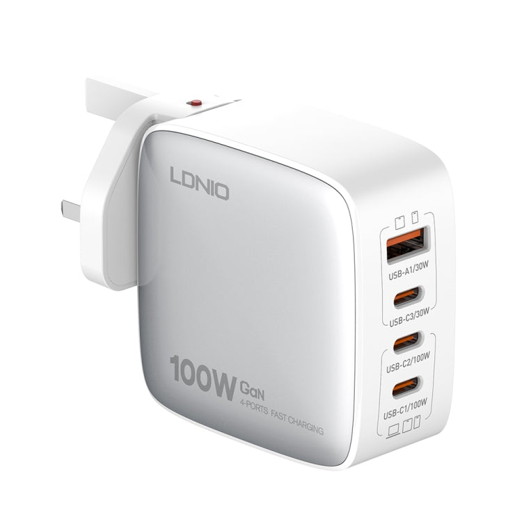 Chargeur LDNIO Q408 100W GaN USB+3 interfaces USB-C / Type-C avec câble de données USB-C / Type-C 100W vers USB-C / Type-C 1m, prise EU, prise UK, prise US