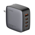 Chargeur LDNIO Q408 100W GaN USB+3 interfaces USB-C / Type-C avec câble de données USB-C / Type-C 100W vers USB-C / Type-C 1m, prise EU, prise UK, prise US