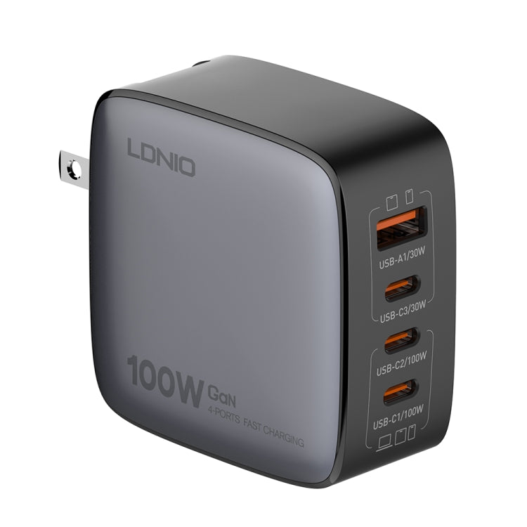 Chargeur LDNIO Q408 100W GaN USB+3 interfaces USB-C / Type-C avec câble de données USB-C / Type-C 100W vers USB-C / Type-C 1m, prise EU, prise UK, prise US