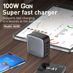 Chargeur LDNIO Q408 100W GaN USB+3 interfaces USB-C / Type-C avec câble de données USB-C / Type-C 100W vers USB-C / Type-C 1m, prise EU, prise UK, prise US