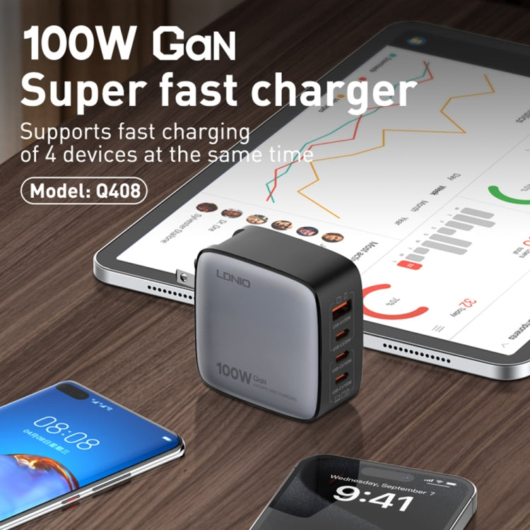 Chargeur LDNIO Q408 100W GaN USB+3 interfaces USB-C / Type-C avec câble de données USB-C / Type-C 100W vers USB-C / Type-C 1m, prise EU, prise UK, prise US
