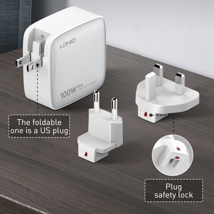 Chargeur LDNIO Q408 100W GaN USB+3 interfaces USB-C / Type-C avec câble de données USB-C / Type-C 100W vers USB-C / Type-C 1m, prise EU, prise UK, prise US