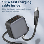 Chargeur LDNIO Q408 100W GaN USB+3 interfaces USB-C / Type-C avec câble de données USB-C / Type-C 100W vers USB-C / Type-C 1m, prise EU, prise UK, prise US