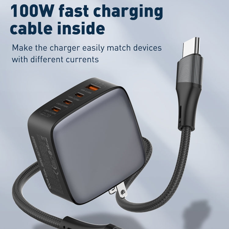 Chargeur LDNIO Q408 100W GaN USB+3 interfaces USB-C / Type-C avec câble de données USB-C / Type-C 100W vers USB-C / Type-C 1m, prise EU, prise UK, prise US