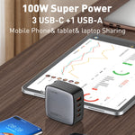 Chargeur LDNIO Q408 100W GaN USB+3 interfaces USB-C / Type-C avec câble de données USB-C / Type-C 100W vers USB-C / Type-C 1m, prise EU, prise UK, prise US