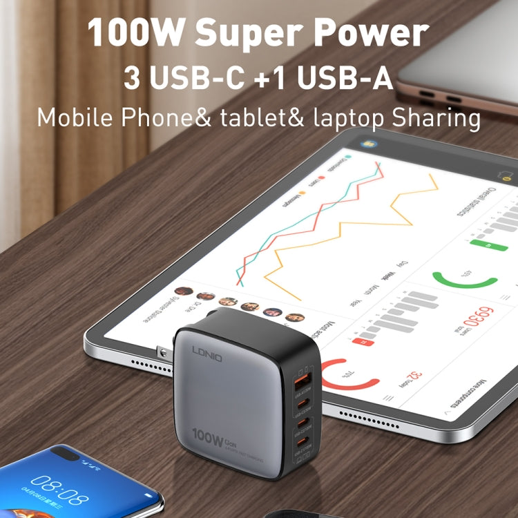 Chargeur LDNIO Q408 100W GaN USB+3 interfaces USB-C / Type-C avec câble de données USB-C / Type-C 100W vers USB-C / Type-C 1m, prise EU, prise UK, prise US