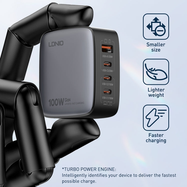 Chargeur LDNIO Q408 100W GaN USB+3 interfaces USB-C / Type-C avec câble de données USB-C / Type-C 100W vers USB-C / Type-C 1m, prise EU, prise UK, prise US